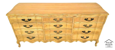 Vintage Dresser Olive Burl Light Wood French Louis XV Sculpted Glass Top Cover