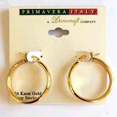 New Danecraft Earrings 24KT Gold Over Sterling Hoop Pierced Primavera Italy - Image 1 of 4