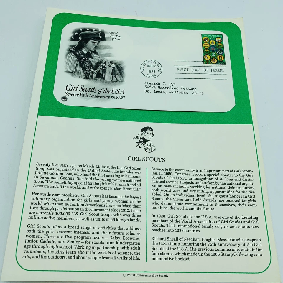 Official First Day of Issue Girl Scouts USA 22 Envelope Seventy-Fifth Anniv. - Image 1 of 2