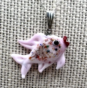 Murano Glass, Handcrafted Unique Jewelry, Lovely Pink Fish & 925 Sterling Silver - Picture 1 of 15