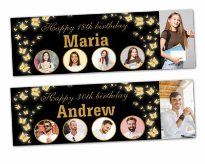 2 Personalised Birthday Banner Photo Butterfly Party Poster Events Decorations - Image 1 of 2