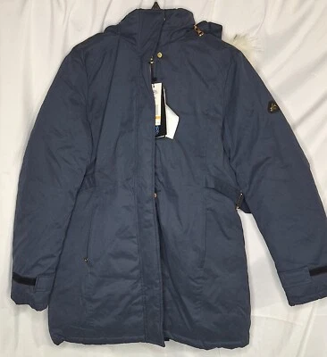 Galaxy Spire 蓝色中号 Puffer 大衣夹克毛皮装饰帽 $215 全新带标签 — 第 1/4 张图片