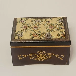 Vintage Inlaid Wood Jewelry Music Box Embroidered Floral Lid Rouge Marquetry - Picture 1 of 12
