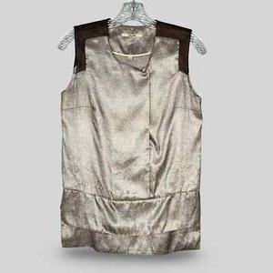 J Brand Leather Accent Lace Print Top Gold Tan Sleeveless Snap Button Size S - Picture 1 of 7