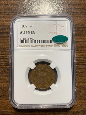 1872-P Two Cent Piece 2C NGC ALMOST UNCIRCULATED 55 AU 55 Brown (BN) CAC RARE Cover