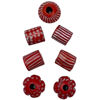 7 Vintage Large Hole Glass Beads Red White Handmade Macrame Jewelry Craft Retro - Image 1 of 4