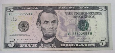 2013 $5 FEDERAL RESERVE  RADAR NOTE ML 35522553 M - Image 1 of 4