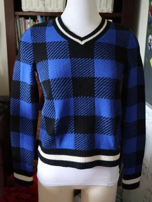 Suéter Rag & Bone para mujer XS lana merino azul negro cuadros búfalo cuello en V Foto 1 de 4