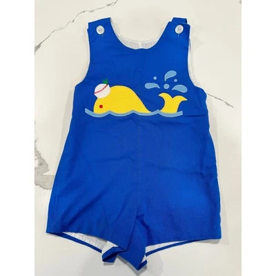 Boys Blue Whale Applique 2T Jon Jon Romper Outfit Kelly's Kids Baby Toddler - Image 1 of 4