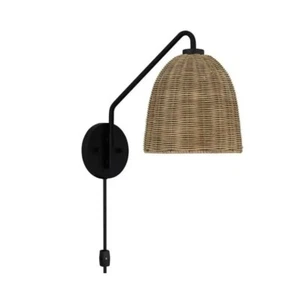 Hampton Bay Highler 1-Light Matte Black Wall Sconce with Natural Rattan Shade - Picture 1 of 3