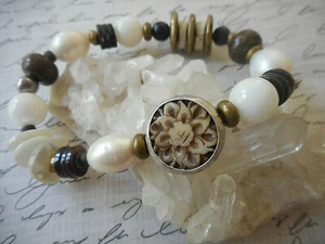 Silpada Sterling Silver Pearl Wood Howlite Bronzite Bead Bracelet N1989 30A24D - Picture 1 of 7