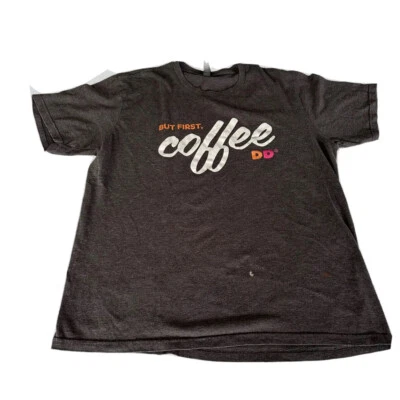 Dunkin' Donuts "but first, coffee" Women’s Medium gray t shirt  Logo See Photos - Image 1 of 4
