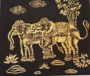 2 Gold Elephant Thai Art Silk Painting Posters Print Wall Home Decor Handmade - Picture 1 of 6