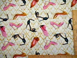 Quilt Fabric By Yard Pink Black Gold Stiletto High Heal Shoes Premium Cotton N C - Picture 1 of 2