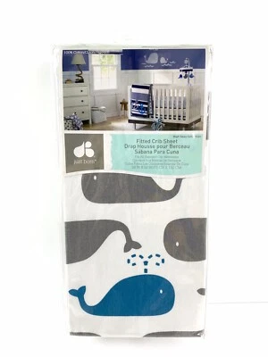 Just Born Fitted Crib Sheet 100% Cotton Gray & Blue Whale 28 in x 52 in New - Image 1 of 4
