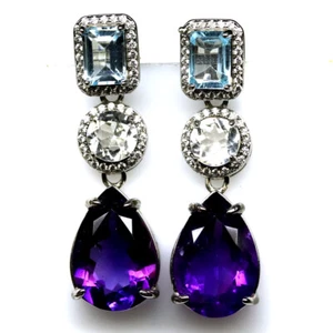 925 Plata de Ley 10 x 15 Mm. Morado Amatista, Topacio & Circonita Pendientes - Imagen 1 de 4