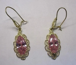 14k Yellow Gold Lab created Pink Stone Earrings. - Picture 1 of 3