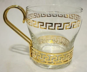 VTG Libbey Gold Greek Key Glass Set 6 Continental Coffee Tea Cups Brass Holder - Picture 1 of 9