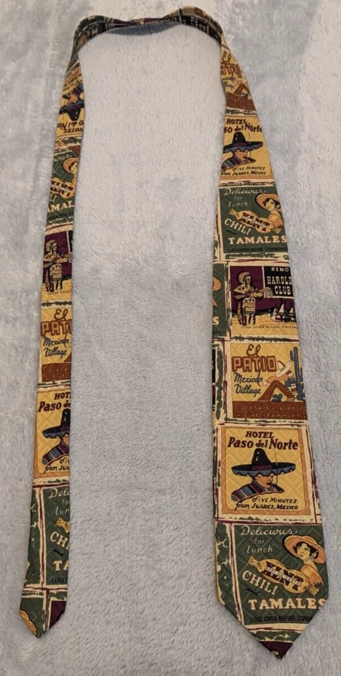 Corbata Estructura Estampado Español EE. UU. 100% Seda Italiana Vintage México Anuncios Foto 1 de 4