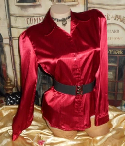 Glossy Satin Blouse Jr. sz L NWT Red Black Pinstripe & Cincher Elastic Belt - Picture 1 of 8
