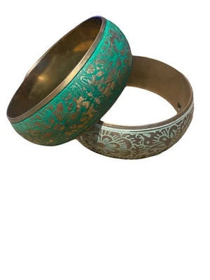 Green & Gold Enamel Ornate Floral Wide Chunky Brass Bangle Bracelet 8" - Image 1 of 4