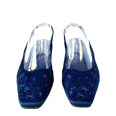 80's Vintage Square Toe Sequin Floral Satin Pumps Slingback Size 8 Blue Party - Image 1 of 4