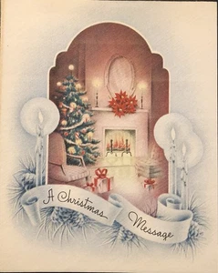 Vintage Weihnachtsgrußkarte Eine Weihnachtsbotschaft Deko Baum Kamin Geschenke Kerze - Bild 1 von 3