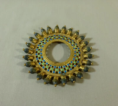 Inde Superbe Boucle de Ceinture Bijou Ancienne, Laiton doré, émail & perles - Photo 1/4