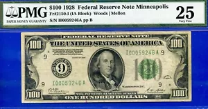 1928 $100 Federal Reserve Note PMG 25 rare numerical 9 Minneapolis Fr 2150-I - Picture 1 of 2