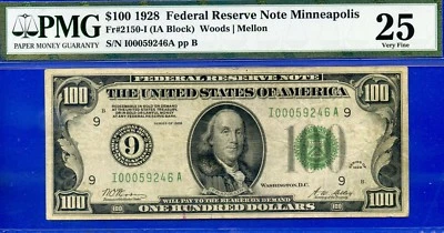 1928 $100 Federal Reserve Note PMG 25 rare numerical 9 Minneapolis Fr 2150-I - Image 1 of 2