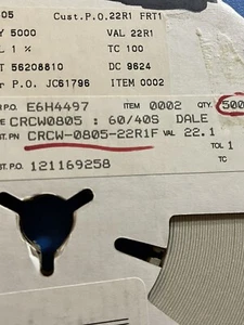CRCW0805-22R1F RESISTOR METAL FILM 22.1K Ohm 1% 1/8w 150v (500 PER LOT) - Imagen 1 de 6