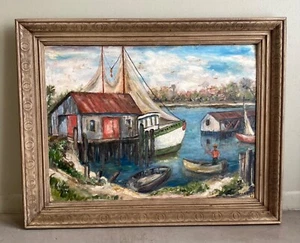 VINTAGE 1960s HARBOR SCENE PAINTING WITH BOATS AND LOBSTER FISHERMAN SIGNED - Picture 1 of 10
