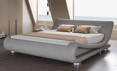 Upholstered Bed Frame, Deluxe Low Profile Sleigh Bed and linen Headboard, Grey - Image 1 of 4