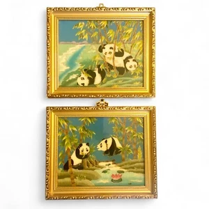 Quadro arte sabbia cinese set di 2 orsi panda cloisonné cornici dorate 12x10 - Foto 1 di 8