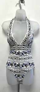 NEU Boden weiß/blau 1-teilig Neckholder Schleife leicht gepolstert Badeanzug Schwimmanzug - Bild 1 von 18