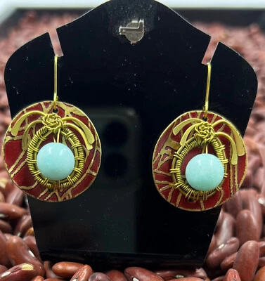 Nickel Free - Red Electroplated Brass Earring w/ Turquoise Cabochon Stone Bead - Image 1 of 4