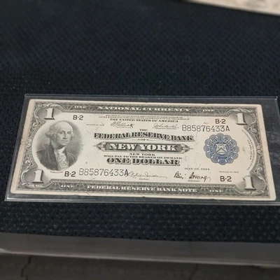 1918 $1 Federal Reserve Bank Note – New York (B) – Blue Seal – VF – Eagle Back - Image 1 of 2