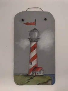 Antikes Dach Schiefer Original Gemälde Leuchtturm Handwerk Wandkunst 5x9" - Bild 1 von 2