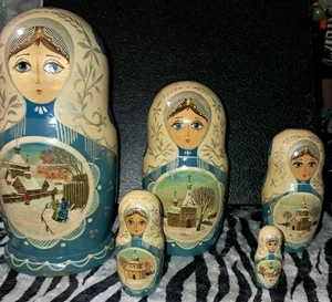 Authentische russische verschachtelte Puppen 🪆 Babuschka handbemalt Set Winterszene Set 5 - Bild 1 von 10
