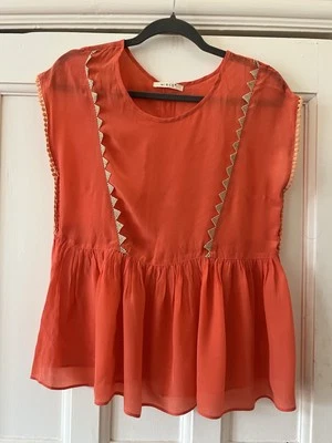 Iris Orange Vintage Style Silky Top With Gold Embroidered Trim Size M - image 1 of 4