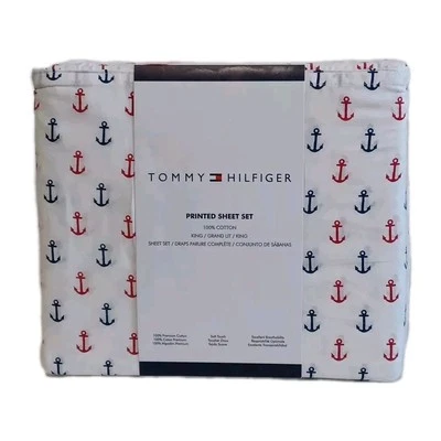 Tommy Hilfiger 100% Cotton King 4 Piece Sheet Set Anchor Print Nautical NEW - Image 1 of 2