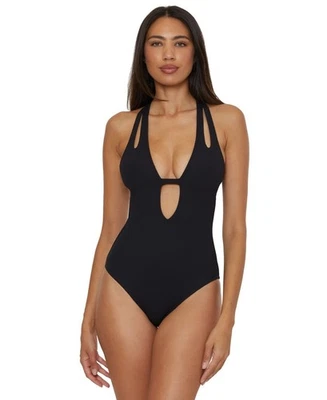 Becca Women's Modern Edge Textured Plunging-Neck Swimsuit Black Size S 0127 - Image 1 of 4