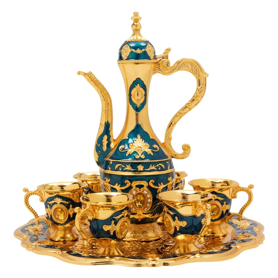 Vintage Metal Turkish Coffee Tea Pot Set With 6 Luxury Coffee Cups & Tea Tray ! - Image 1 of 4