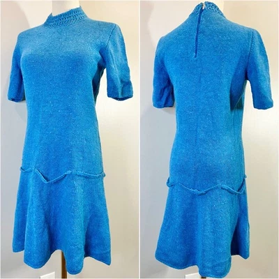 Vestido Suéter Tejido Vintage Años 60 Mod Shift Gogo Retro Años 60 Azul Pequeño Mediano Foto 1 de 4