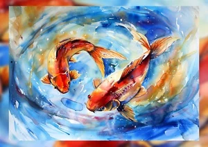 Koi in Motion 5"x7" Print on Matte Paper | Swirling Water Fish Watercolor Scene - Picture 1 of 17