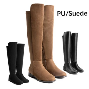 Black Flat Boots Knee-High Boots for Women Round Toe Low Block Heel Boots - Picture 1 of 23