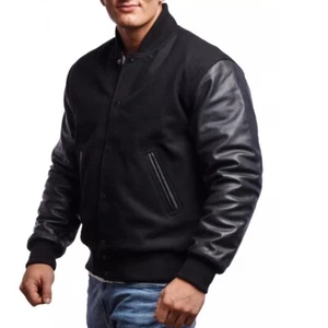 Wool Blend Varsity Jacket with Leather Sleeves For Men - Picture 1 of 6