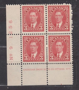 1937 #233 3¢ KING GEORGE VI MUFTI ISSUE LOWER LEFT PLATE BLOCK #9 F-VF - Picture 1 of 2