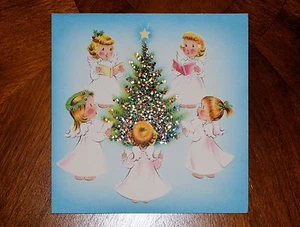 Vintage UNUSED Christmas Card NORCROSS GLITTER ANGELS TREE BLUE Mid-Century - Picture 1 of 4