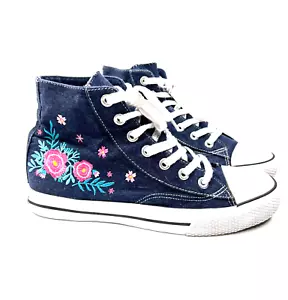 Airwalk Sneaker Donna 10 Navy Denim Ricamato Fiori Stringate Scarpe Alte - Foto 1 di 11